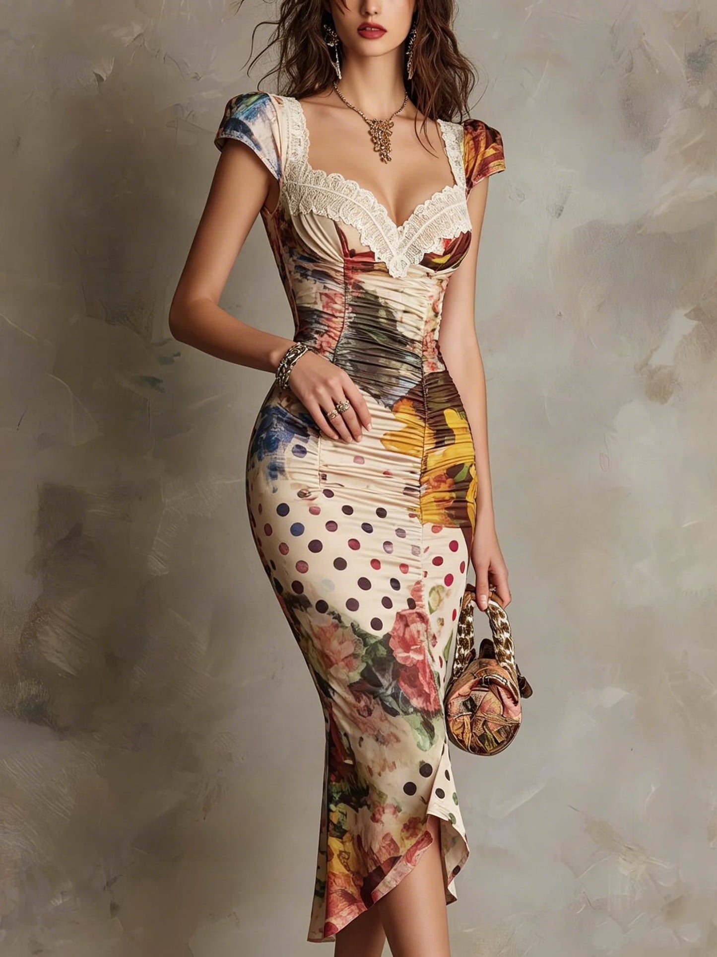 DOLORES - ABITO MIDI VINTAGE CON STAMPA PATCHWORK E PIZZO