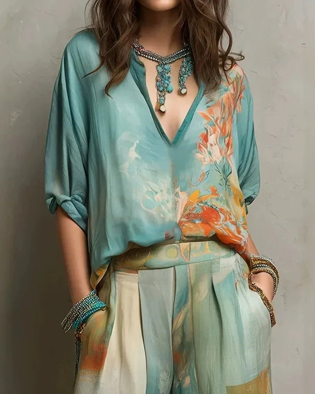 VIVIANA - COMPLETO BOHO CHIC CON STAMPA ACQUERELLO