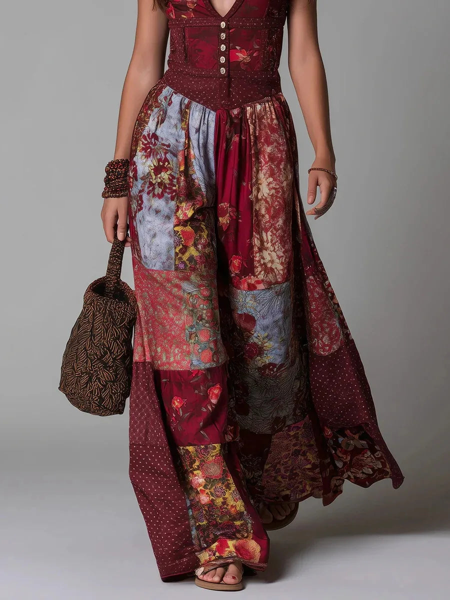 AMBRA - ABITO LUNGO BOHO VINTAGE CON STAMPA PATCHWORK FLOREALE