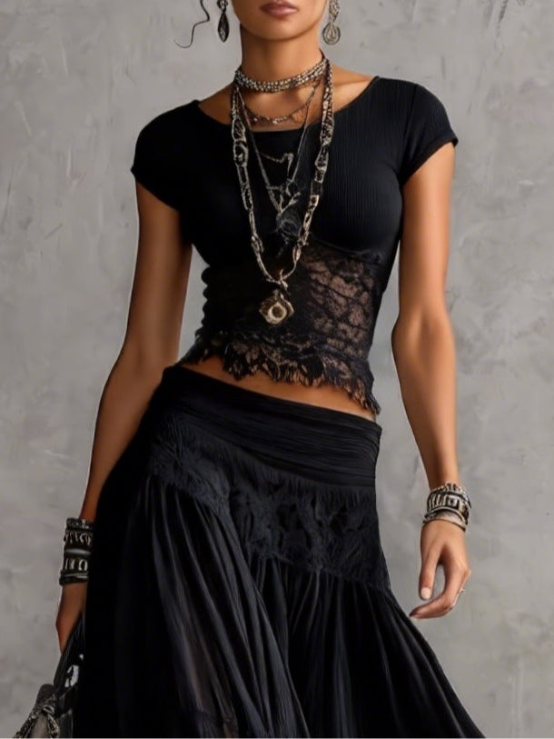 VANESSA - COMPLETO DARK BOHO CON CROP TOP E GONNA IN PIZZO