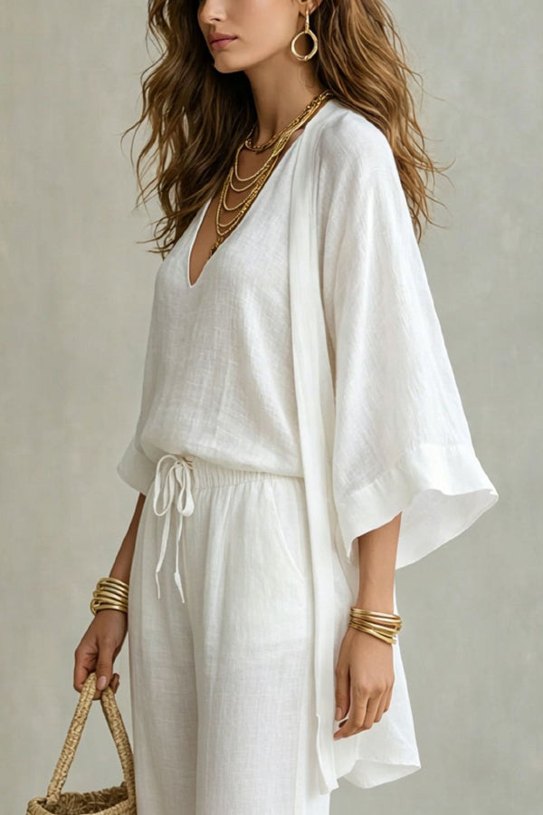 PAOLA - COMPLETO MINIMAL CHIC TRE PEZZI CON KIMONO E PANTALONE PALAZZO