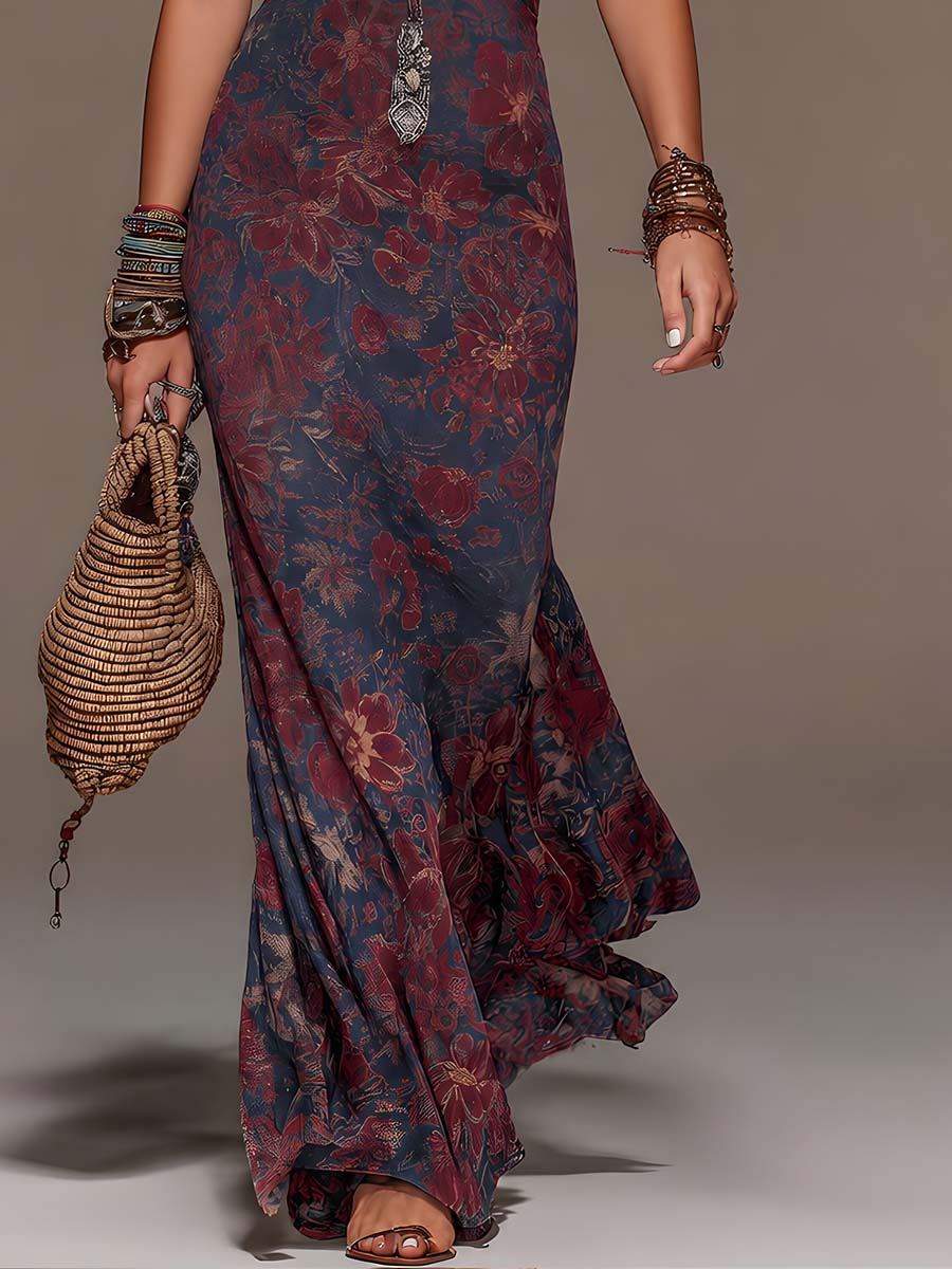 KARLA - ABITO LUNGO BOHO DARK CON STAMPA FLOREALE