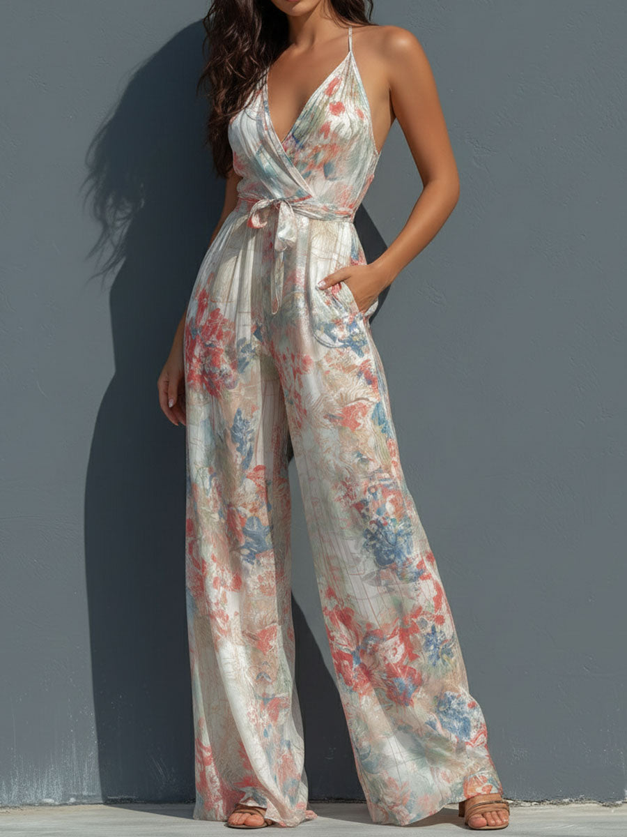 ANTONELLA - TUTA PALAZZO BOHO CON STAMPA ACQUERELLO FLOREALE