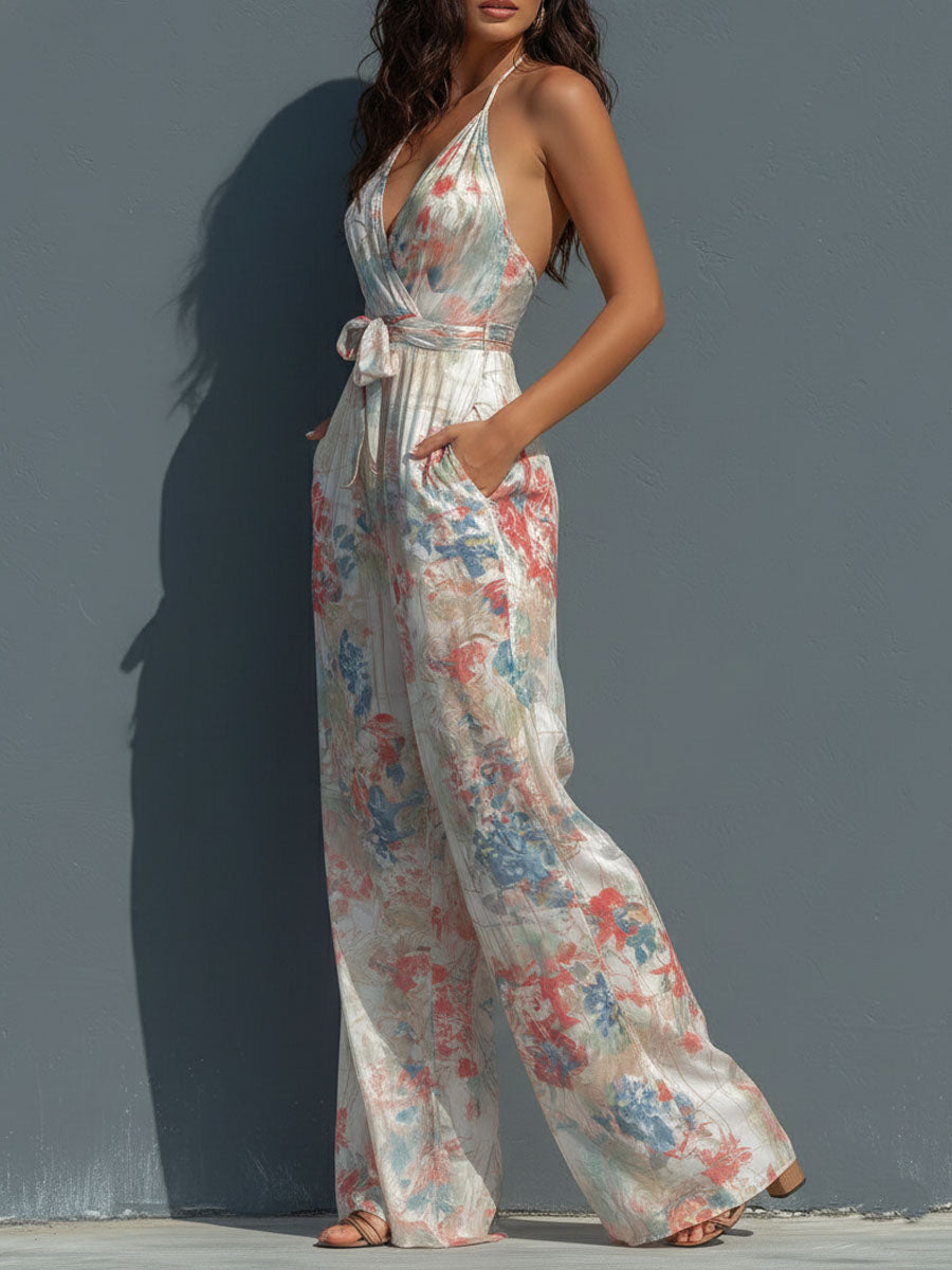 ANTONELLA - TUTA PALAZZO BOHO CON STAMPA ACQUERELLO FLOREALE