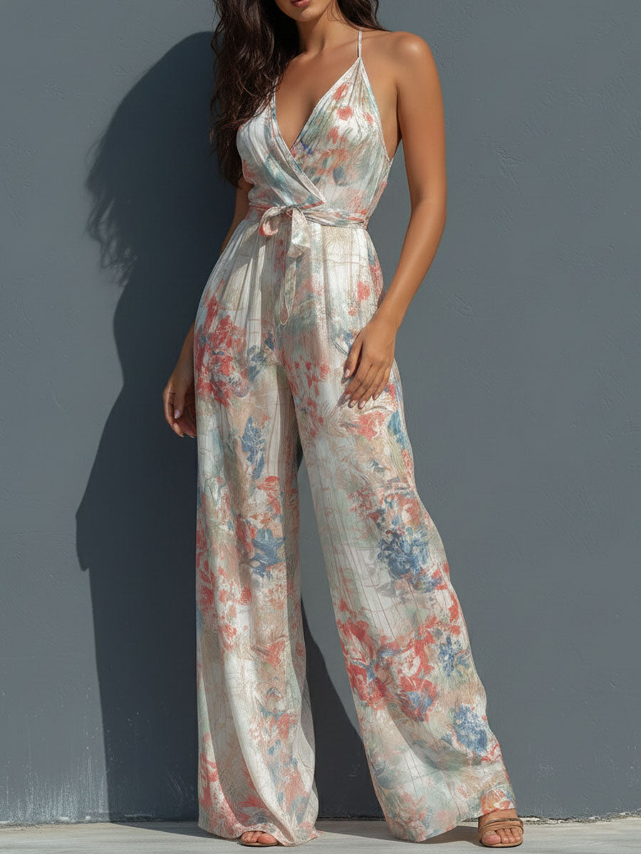 ANTONELLA - TUTA PALAZZO BOHO CON STAMPA ACQUERELLO FLOREALE