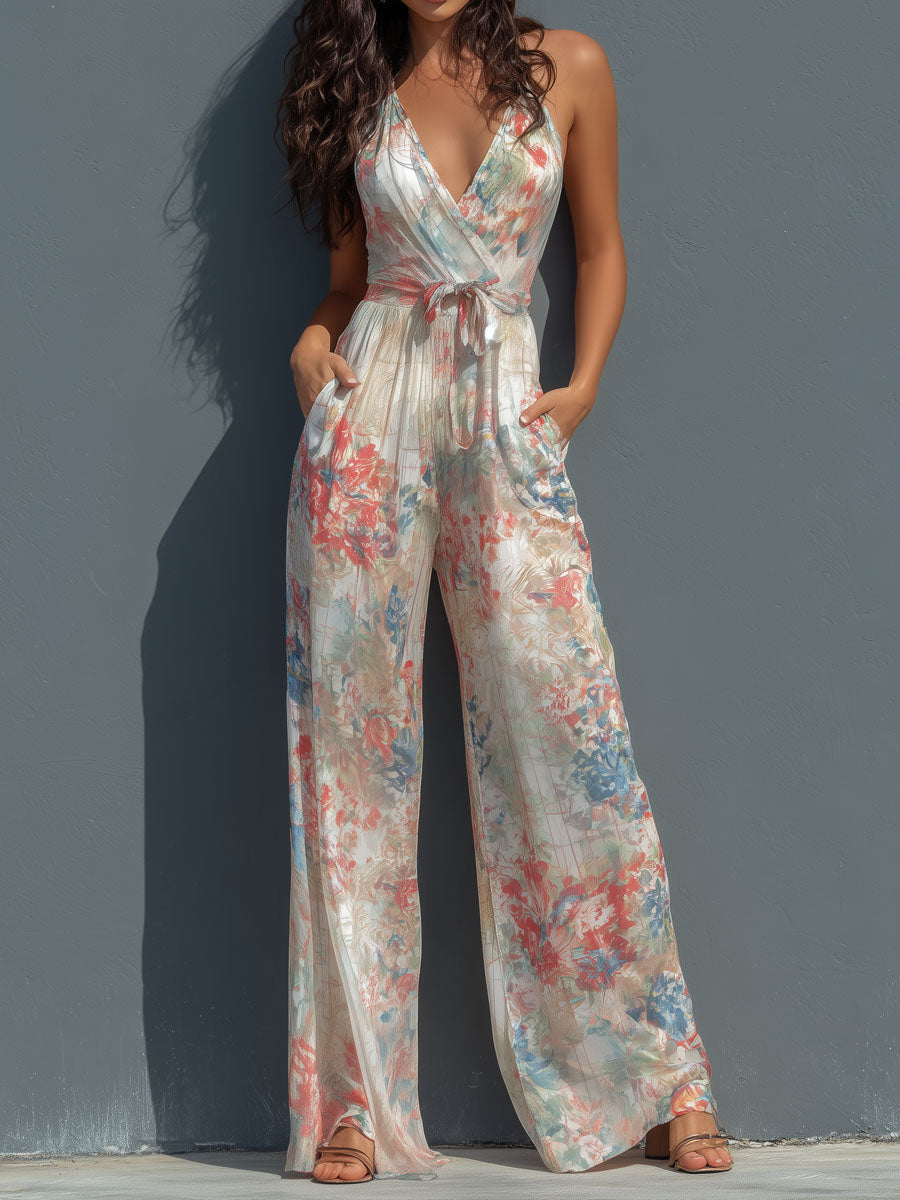 ANTONELLA - TUTA PALAZZO BOHO CON STAMPA ACQUERELLO FLOREALE