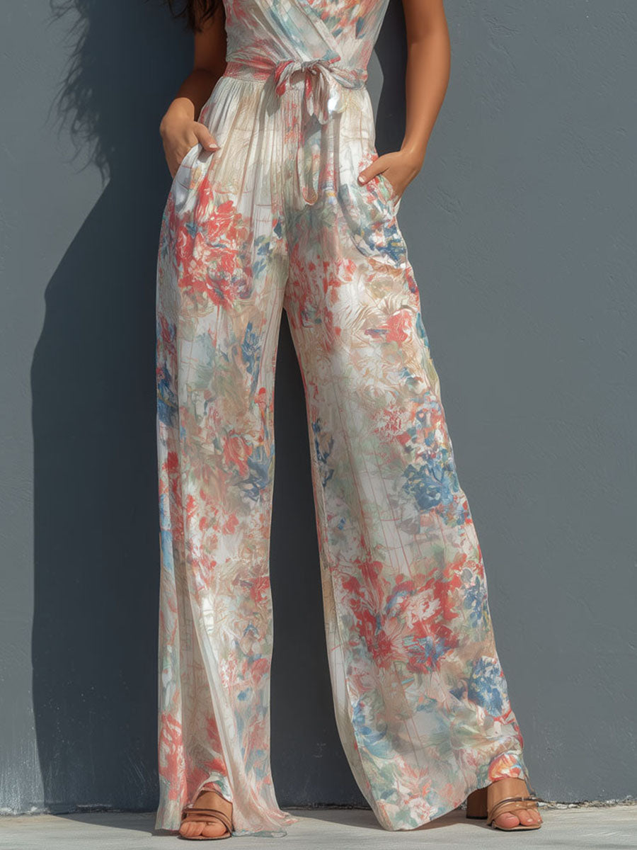 ANTONELLA - TUTA PALAZZO BOHO CON STAMPA ACQUERELLO FLOREALE