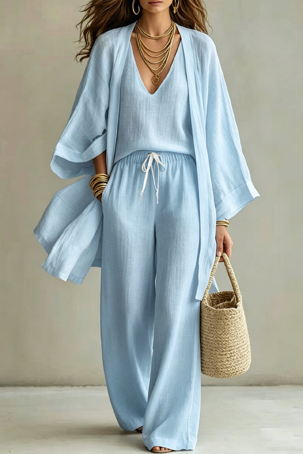 PAOLA - COMPLETO MINIMAL CHIC TRE PEZZI CON KIMONO E PANTALONE PALAZZO