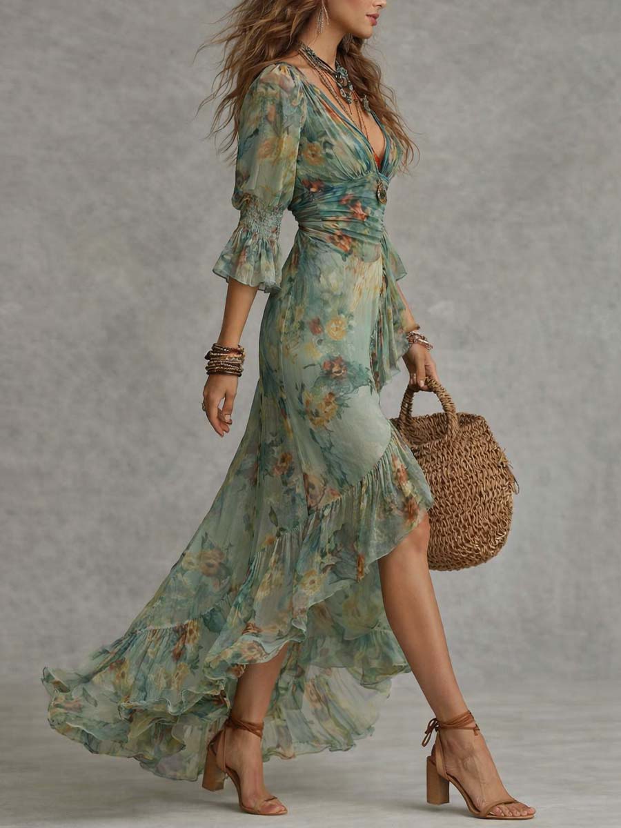 CELESTINA - ABITO LUNGO FLOREALE BOHO CON VOLANT