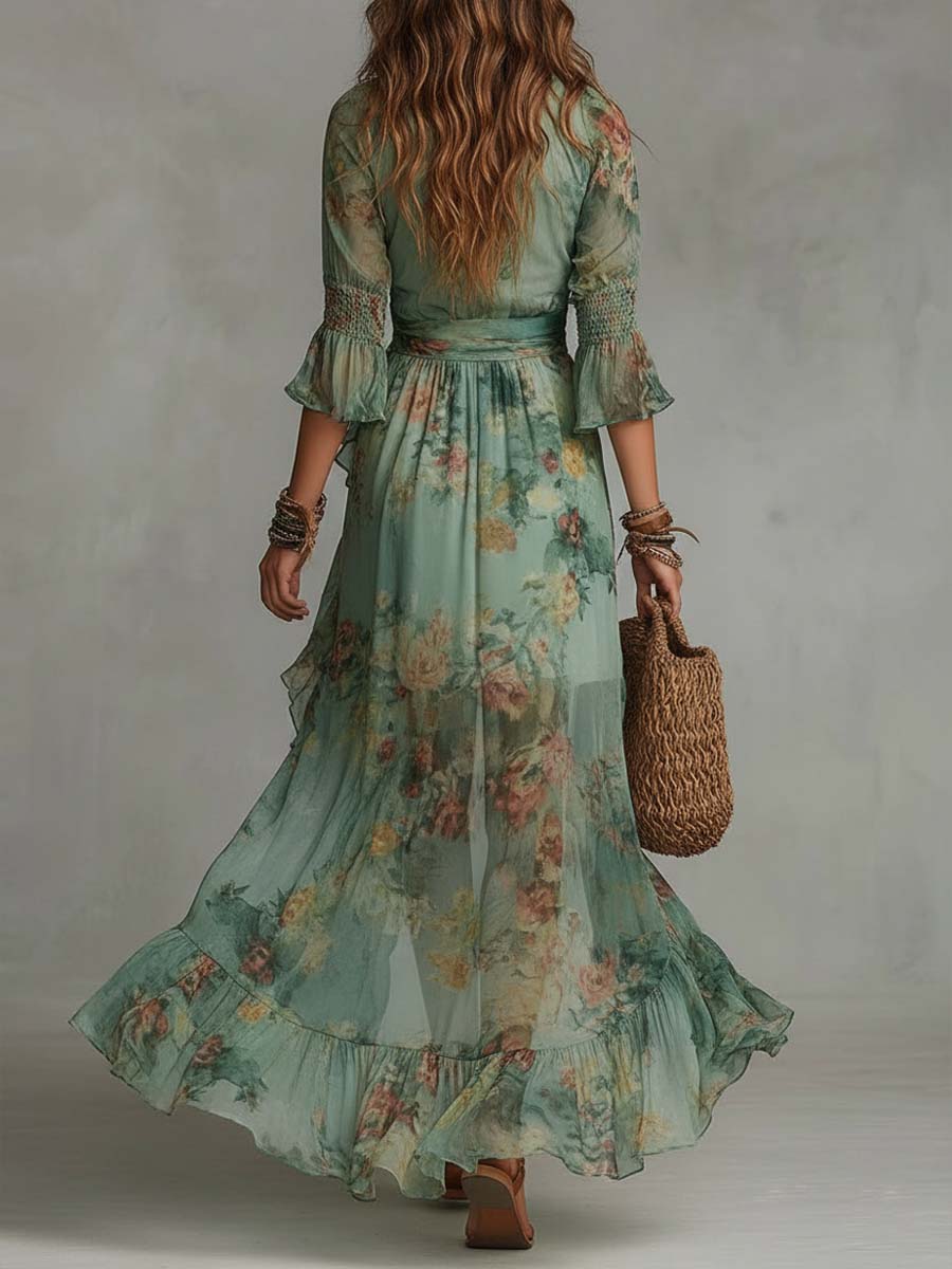 CELESTINA - ABITO LUNGO FLOREALE BOHO CON VOLANT