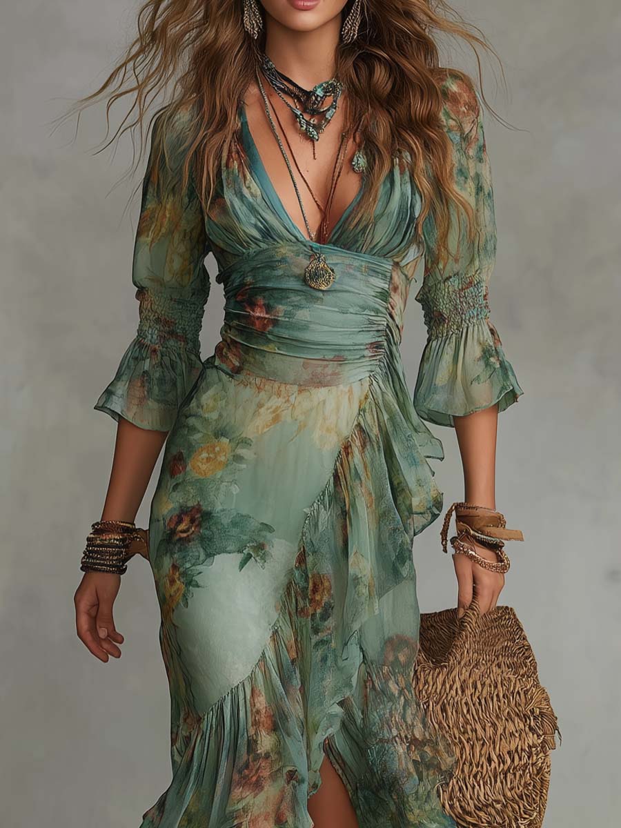 CELESTINA - ABITO LUNGO FLOREALE BOHO CON VOLANT