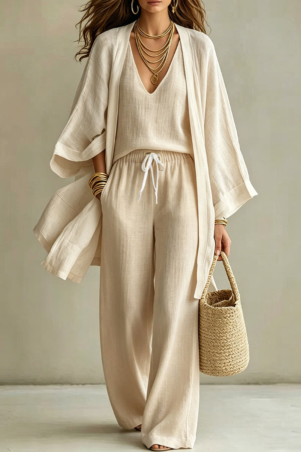 PAOLA - COMPLETO MINIMAL CHIC TRE PEZZI CON KIMONO E PANTALONE PALAZZO