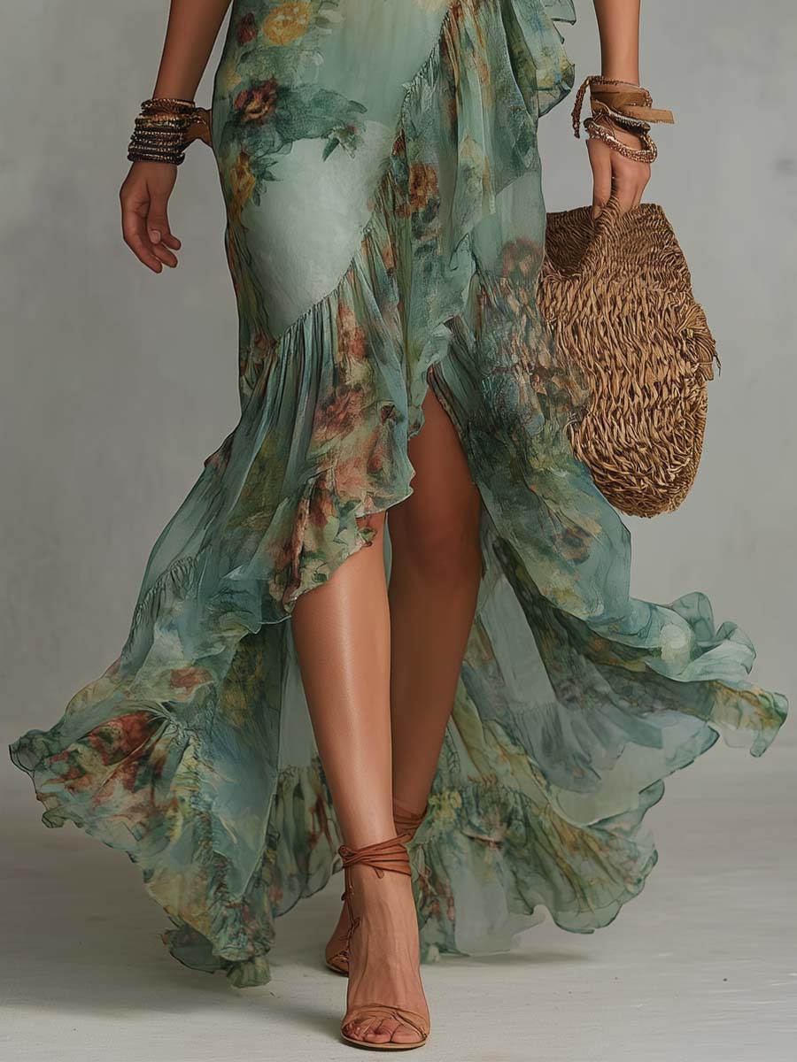 CELESTINA - ABITO LUNGO FLOREALE BOHO CON VOLANT