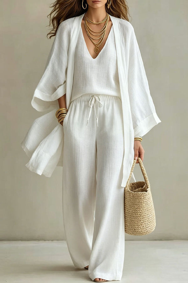 PAOLA - COMPLETO MINIMAL CHIC TRE PEZZI CON KIMONO E PANTALONE PALAZZO