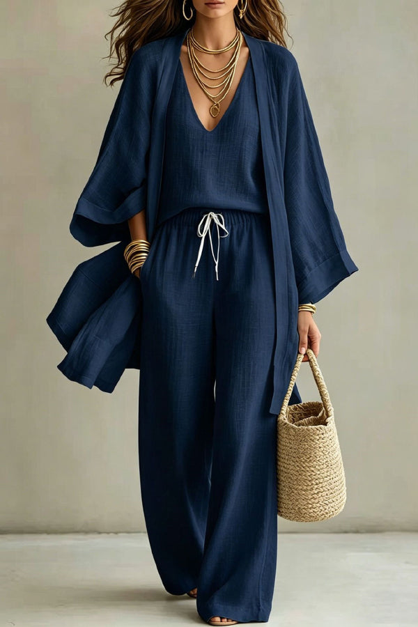 PAOLA - COMPLETO MINIMAL CHIC TRE PEZZI CON KIMONO E PANTALONE PALAZZO