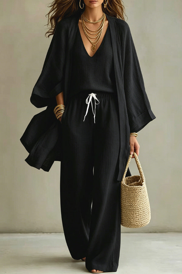PAOLA - COMPLETO MINIMAL CHIC TRE PEZZI CON KIMONO E PANTALONE PALAZZO