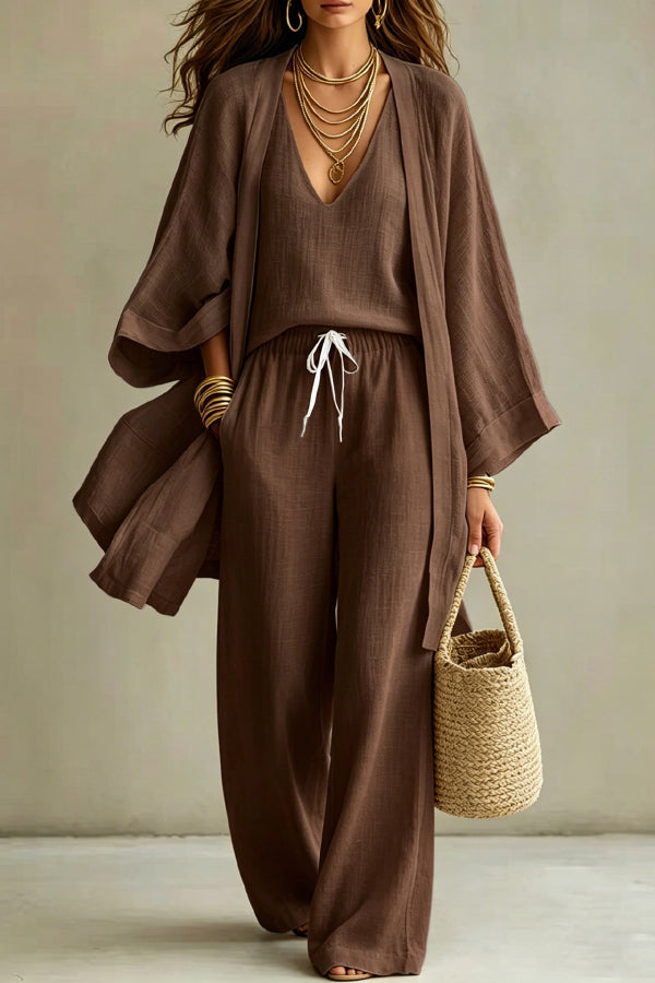 PAOLA - COMPLETO MINIMAL CHIC TRE PEZZI CON KIMONO E PANTALONE PALAZZO