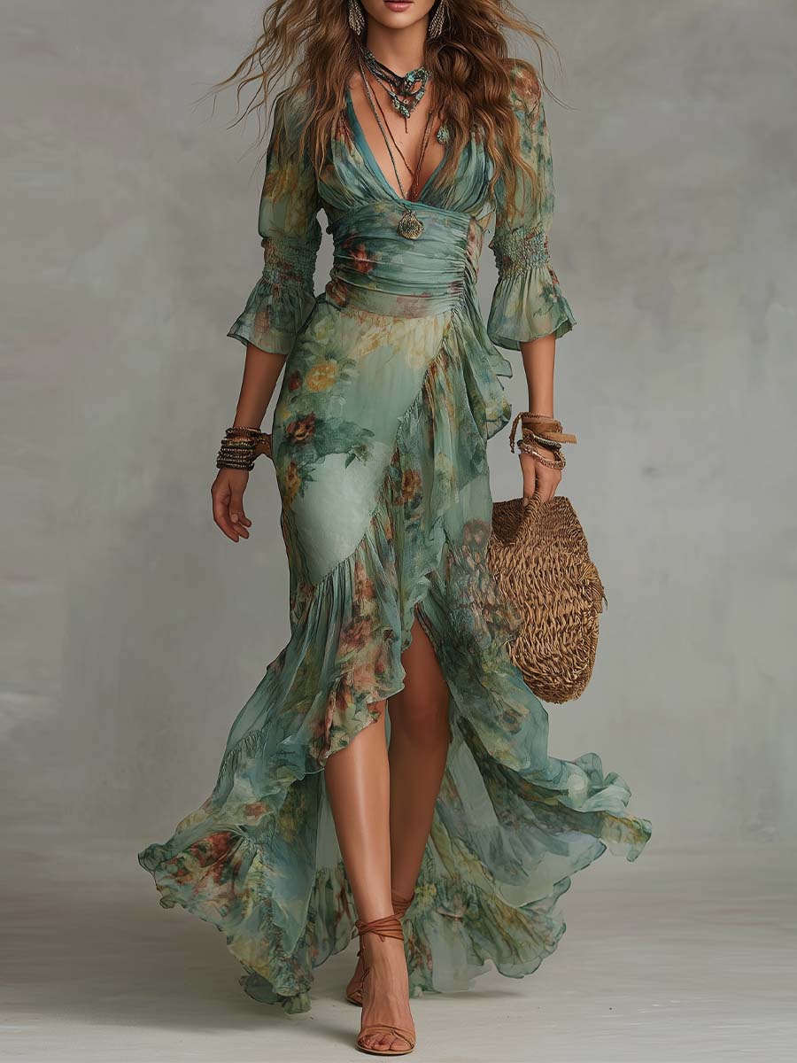 CELESTINA - ABITO LUNGO FLOREALE BOHO CON VOLANT