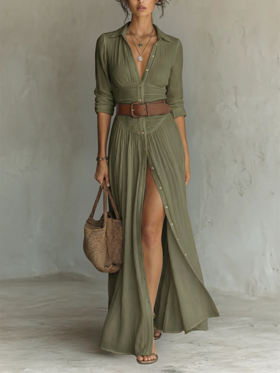 SERENA - ABITO CAMICIA LUNGO CON BOTTONI E SPACCO