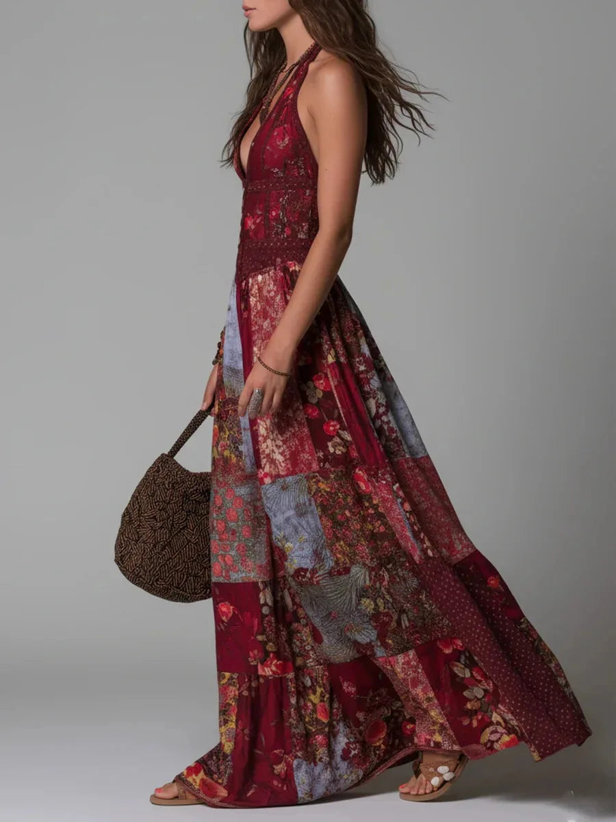 AMBRA - ABITO LUNGO BOHO VINTAGE CON STAMPA PATCHWORK FLOREALE