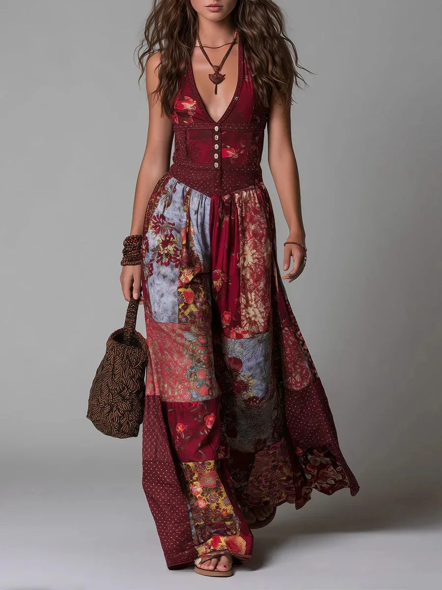 AMBRA - ABITO LUNGO BOHO VINTAGE CON STAMPA PATCHWORK FLOREALE