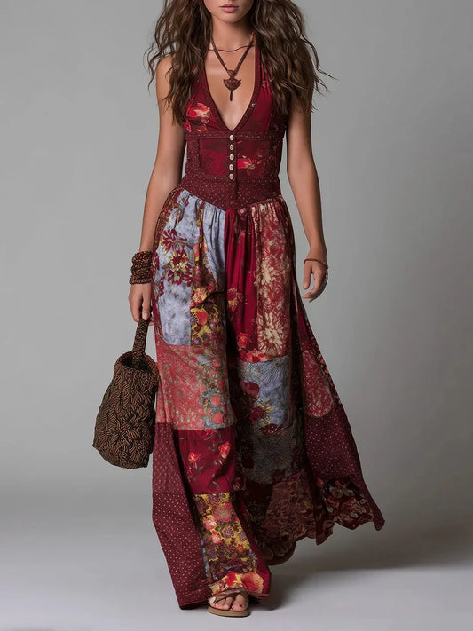 AMBRA - ABITO LUNGO BOHO VINTAGE CON STAMPA PATCHWORK FLOREALE