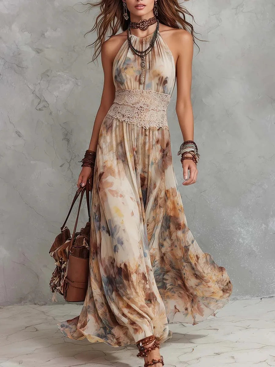 MELISSA - ABITO LUNGO BOHO VINTAGE FLOREALE CON FASCIA IN PIZZO