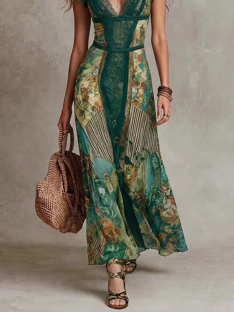 ERICA - ABITO BOHO VINTAGE FLOREALE CON PIZZO