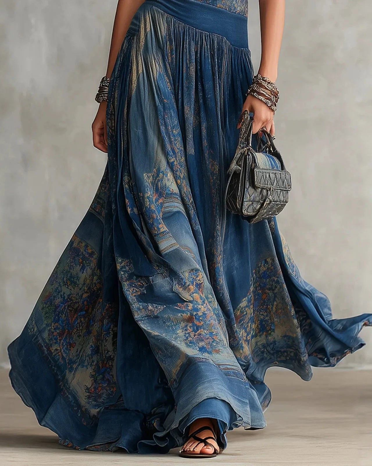 SILVIA - ABITO LUNGO BOHO CON STAMPA AZTECA E GONNA SVASATA