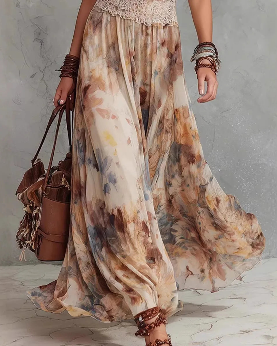 MELISSA - ABITO LUNGO BOHO VINTAGE FLOREALE CON FASCIA IN PIZZO