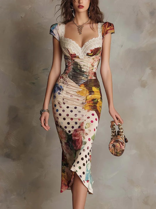 DOLORES - ABITO MIDI VINTAGE CON STAMPA PATCHWORK E PIZZO
