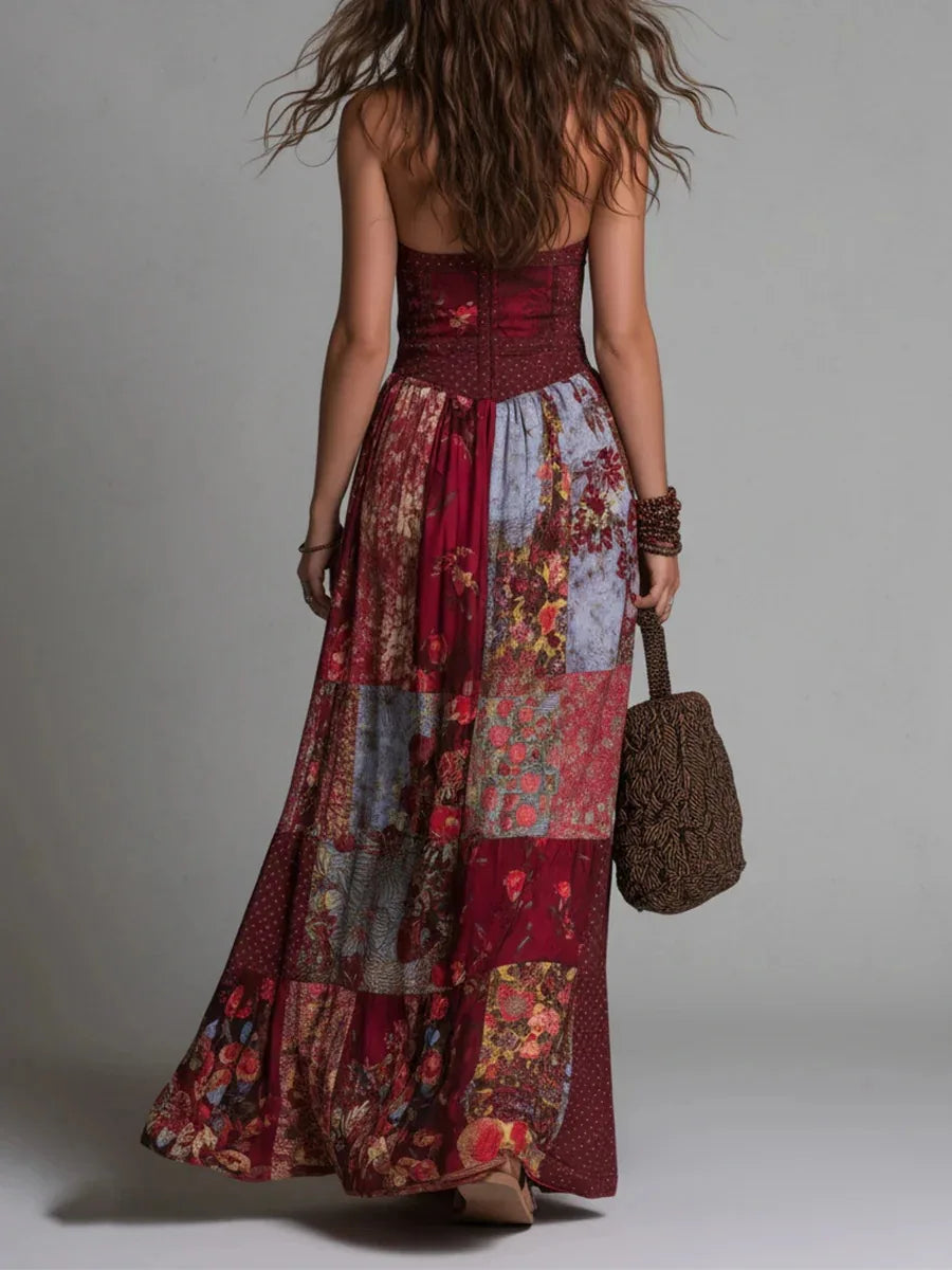 AMBRA - ABITO LUNGO BOHO VINTAGE CON STAMPA PATCHWORK FLOREALE