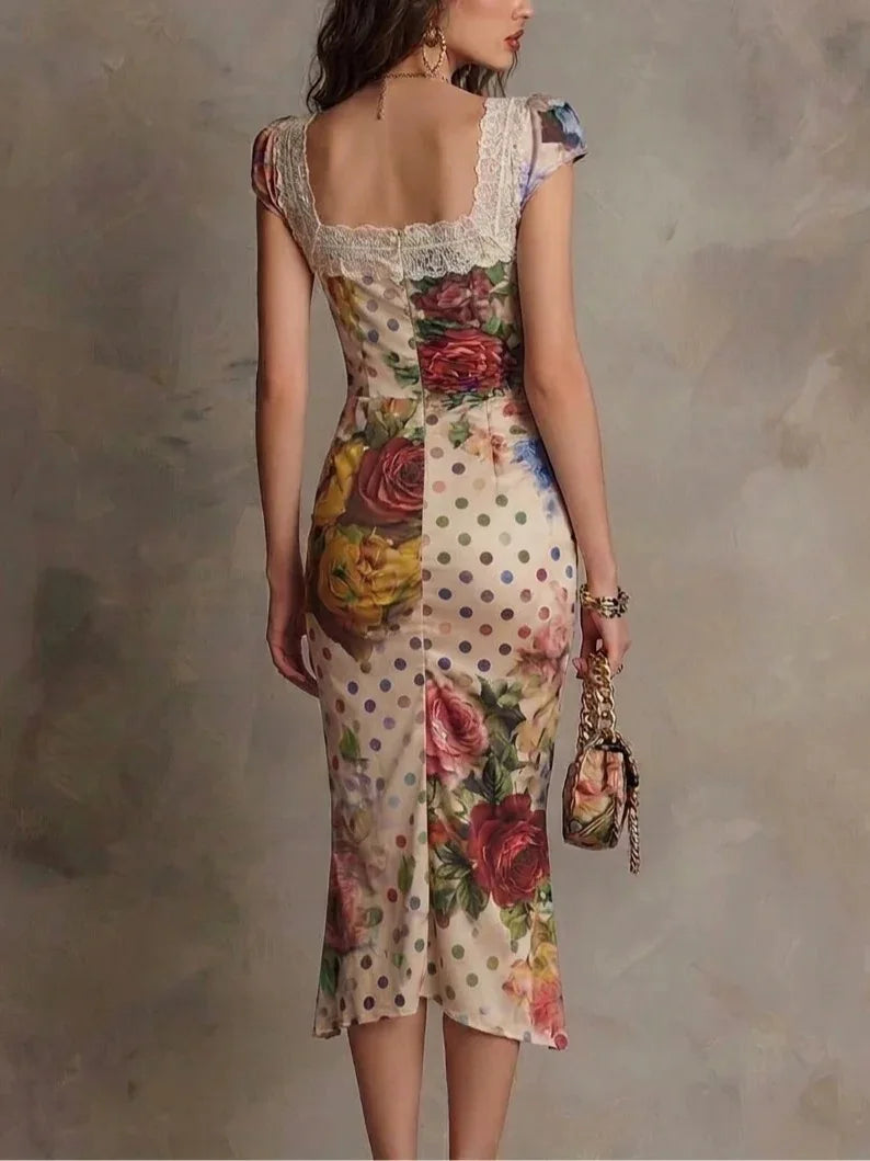 DOLORES - ABITO MIDI VINTAGE CON STAMPA PATCHWORK E PIZZO