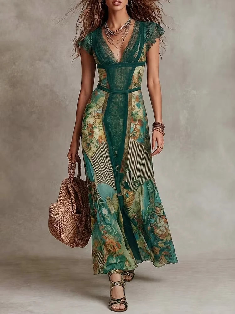 ERICA - ABITO BOHO VINTAGE FLOREALE CON PIZZO