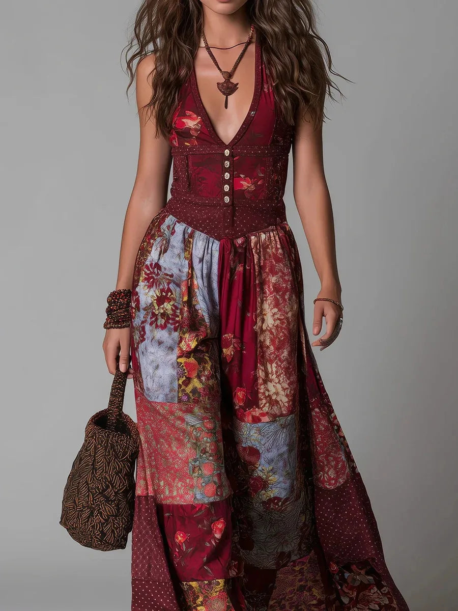 AMBRA - ABITO LUNGO BOHO VINTAGE CON STAMPA PATCHWORK FLOREALE