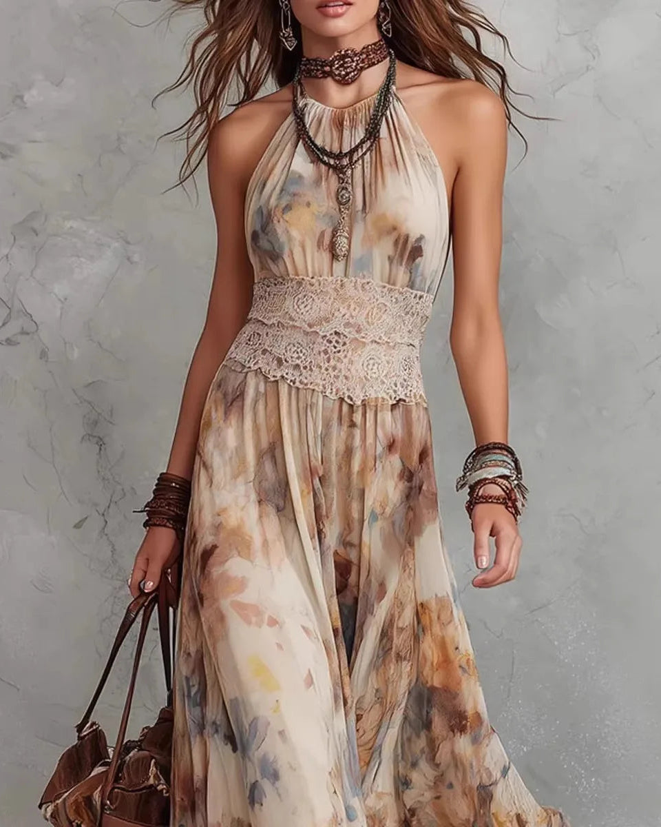 MELISSA - ABITO LUNGO BOHO VINTAGE FLOREALE CON FASCIA IN PIZZO