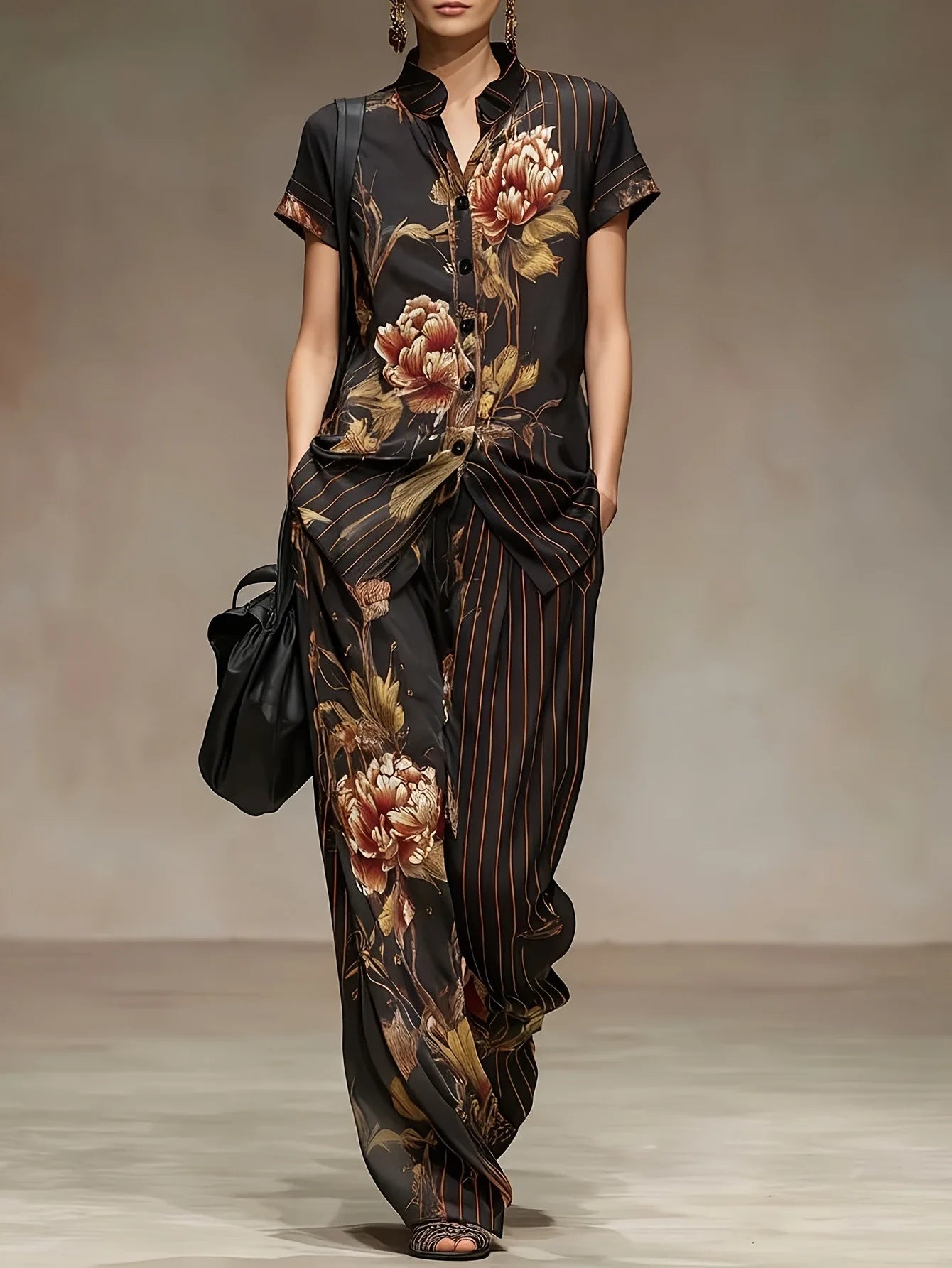 LUCIANA - COMPLETO VINTAGE FLOREALE CON CAMICIA E PANTALONE PALAZZO