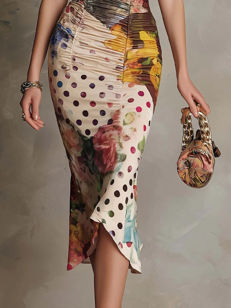 DOLORES - ABITO MIDI VINTAGE CON STAMPA PATCHWORK E PIZZO