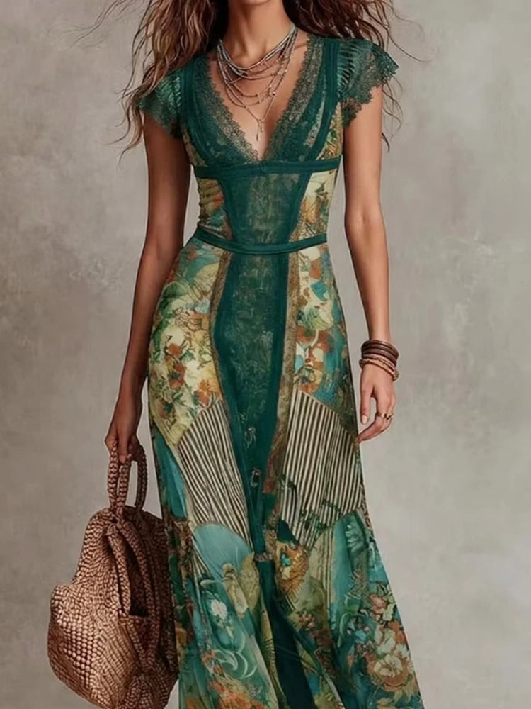 ERICA - ABITO BOHO VINTAGE FLOREALE CON PIZZO