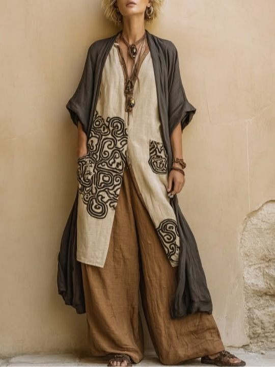 TEODORA - COMPLETO ETNICO BOHO CON KIMONO E PANTALONE PALAZZO