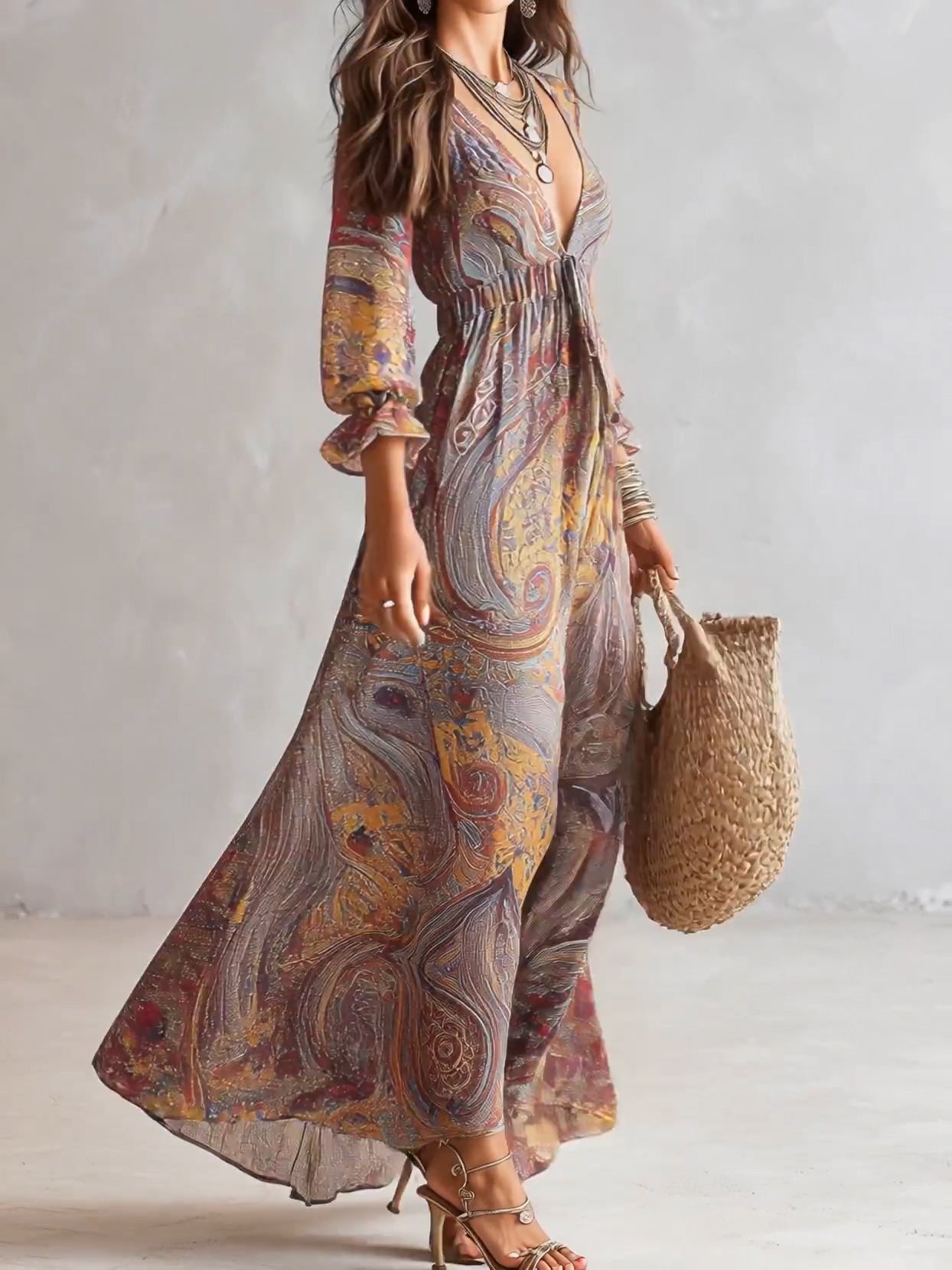LEONORA - ABITO LUNGO PAISLEY CON LACCETTO IN VITA