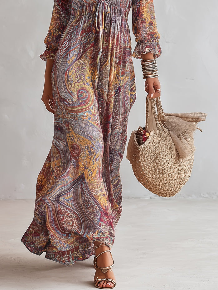 LEONORA - ABITO LUNGO PAISLEY CON LACCETTO IN VITA