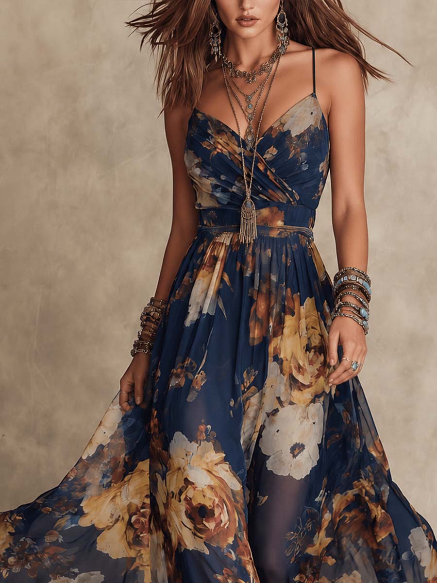 IMELDA - ABITO LUNGO BOHO ROMANTICO CON STAMPA FLOREALE