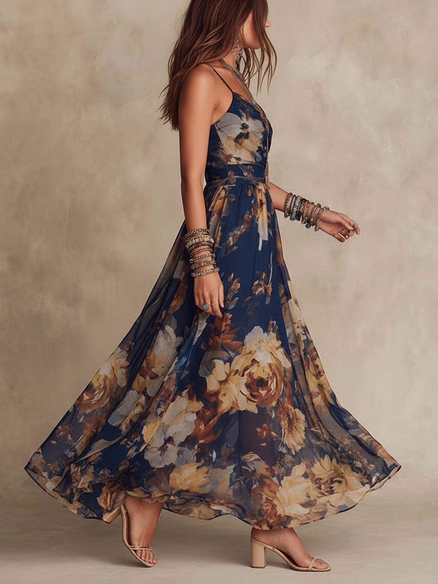 IMELDA - ABITO LUNGO BOHO ROMANTICO CON STAMPA FLOREALE