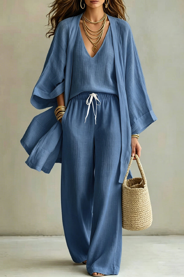 PAOLA - COMPLETO MINIMAL CHIC TRE PEZZI CON KIMONO E PANTALONE PALAZZO