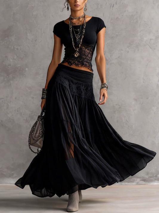 VANESSA - COMPLETO DARK BOHO CON CROP TOP E GONNA IN PIZZO